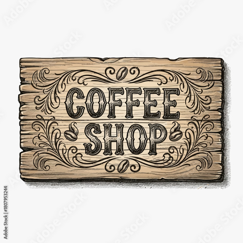 Rustic Coffee Shop Sign with Ornate Details on a Distressed Wooden Board