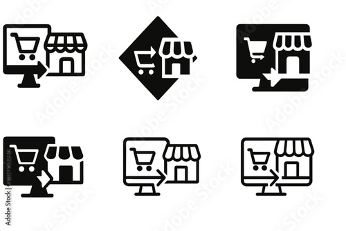 Digital Retail Icons. the influence of online shopping on brick-and-mortar stores. Icon set. Set Logo of the influence of online shopping on brick-and-mortar