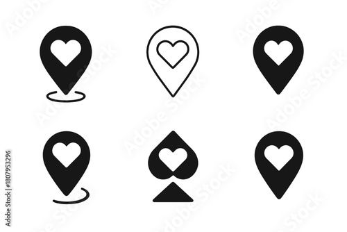 Heart and Pin Logos. Distance in relationship. Icon set. Set Logo of distance in relationship: map pin and heart motif. harmonious logo variations of the same