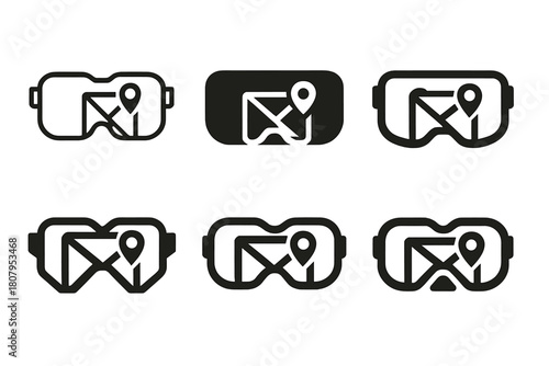 Augmented Reality Logos. Augmented reality glasses for gaming or navigation. Icon set. Set Logo of augmented reality glasses for gaming or navigation: AR