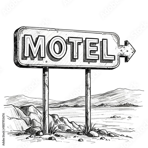 Vintage motel sign sketch in desert landscape for travel advertising