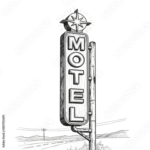 Vintage Motel Sign with Starburst, Hand-Drawn Illustration Style