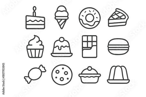 Dessert Icon Collection. Desserts. Line icon set of Desserts: cake, ice cream, donut, pie, cupcake, pudding, chocolate bar, macaron, candy, cookie, tart,