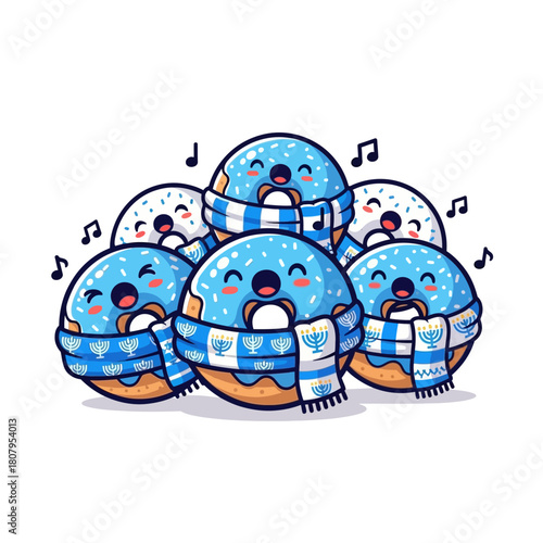 Adorable cartoon donuts in a cheerful choir, joyfully singing Hanukkah songs while wearing festive blue and white scarves with menorah designs, celebrating the holiday spirit