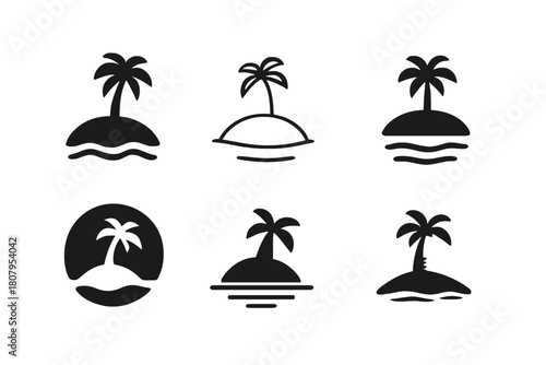 Island Logo Variations. Island. Icon set. Set Logo of Island: small island with sunset horizon. harmonious logo variations of the same emblematic concept, each