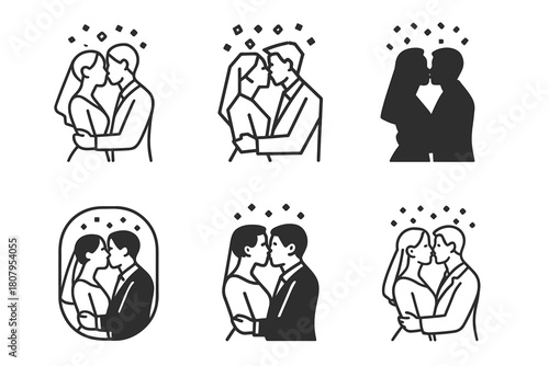 Wedding Kiss Icons. Wedding Kiss Under Confetti. Icon set. Set Logo of Wedding Kiss: confetti heart explosion over couple. harmonious logo variations of the