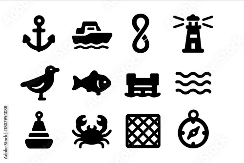 Harbor Life Icons. Harbor life. Solid icon set of harbor life: anchor, boat, rope, lighthouse, seagull, fish, dock, wave, buoy, crab, net, compass. Filled