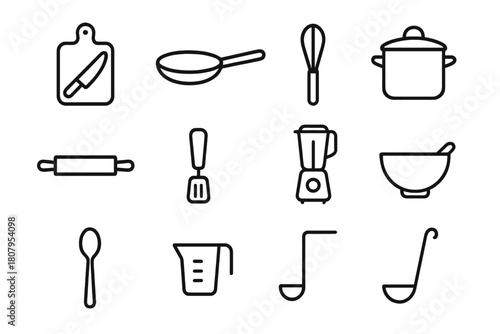 Kitchen Tools Icons. Food preparation. Line icon set of Food preparation: chopping board, knife, frying pan, pot, whisk, rolling pin, spatula, blender, bowl,