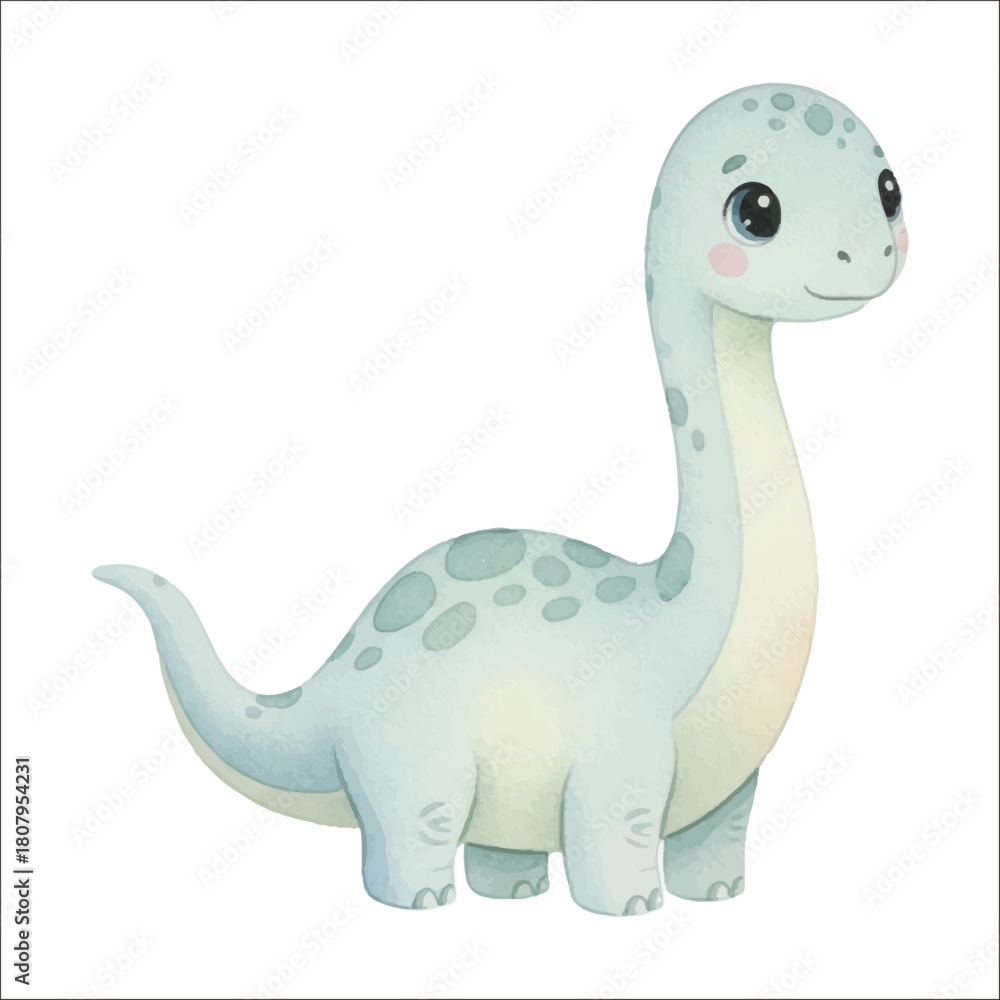 Fototapeta premium Watercolor dinosaurus Apatosaurus vector isolated on white background cute baby apato 