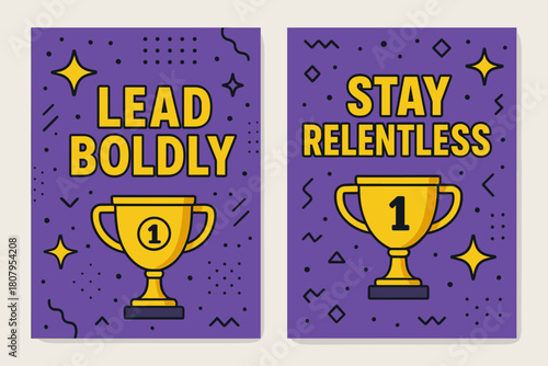 Bold Leadership Banners. Lead boldly. Two vertical A6 banners with safe margins, centered composition, no elements touching edges, memphis, purple and yellow,