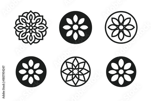 Mandala Logo Variations. Round. Icon set. Set Logo of round: circular symmetry pattern inspired by mandala. harmonious logo variations of the same emblematic
