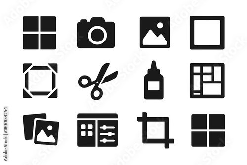 Photo Collage Icons. Photo collage. Solid icon set of Photo collage: photo grid, camera, printed picture, photo frame, tape corners, cutout scissors, glue,