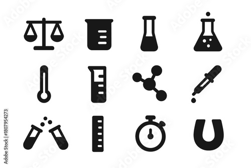 Chemical Tools Icons. Chemical Balance. Solid icon set of Chemical Balance: balance scale, beaker, test tube, flask, thermometer, measuring cylinder, molecular