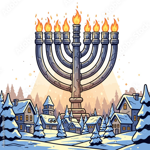 Hanukkah menorah with glowing candles illuminates a festive snowy winter village. Celebrating tradition, light, and the holiday spirit in a charming, illustrated scene