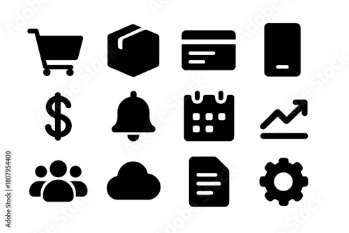 E-commerce Icon Set. Product photography for e-commerce. Solid icon set of product photography for e-commerce: camera, lightbox, tripod, lens, shopping cart,