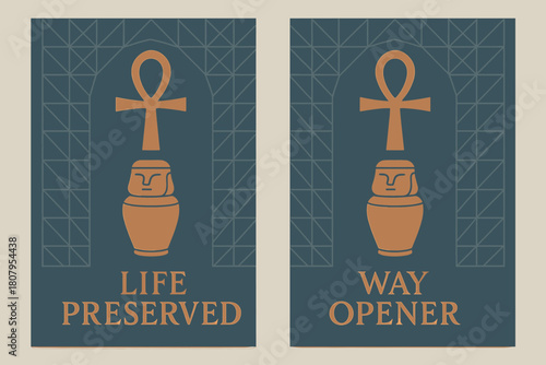 Ankh and Jar Banners. Ankh & Jar. Two vertical A6 banners with safe margins, centered composition, no elements touching edges, geometric, slate blue and