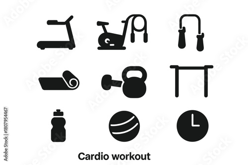 Cardio Workout Icons. Cardio workout. Solid icon set of Cardio workout: treadmill, exercise bike, jump rope, yoga mat, dumbbell, kettlebell, resistance band,