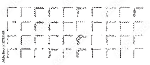 Doodle hand drawn corner border set with different shapes. Flourish, flower decoration. Isolated vector illustration for wedding, greeting banner design. sketch style Corners drawn by brush, pen.