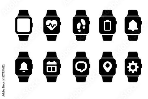 Smart Watch Icon Set. Smart watches. Solid icon set of Smart watches: smartwatch, heart rate, step counter, battery, alarm, calendar, notifications, GPS,