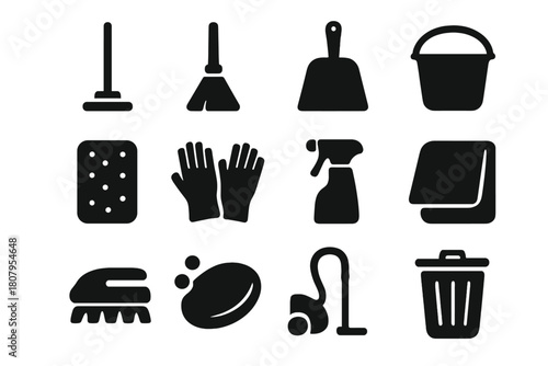 Cleaning Tools Icons. Cleaning tools. Solid icon set of cleaning tools: mop, broom, dustpan, bucket, sponge, gloves, spray bottle, towel, brush, soap, vacuum,