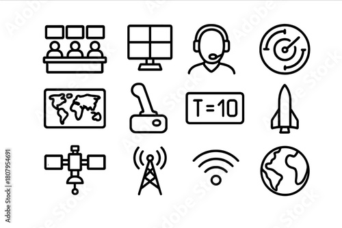 Mission Control Icons. Mission Control. Line icon set of Mission Control: control room, monitor screens, headset operator, radar, map, joystick, countdown