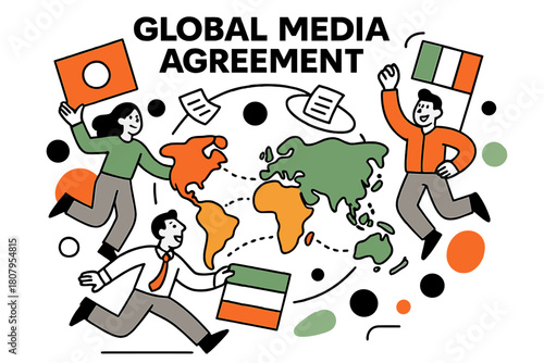 Global Media Agreement. Television licensing and regulations ? International broadcast treaty. Flags stylized as geometric color blocks; dotted lines connect