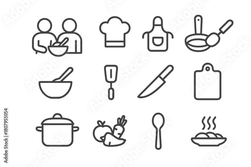 Cooking Friends Icons. Friends cooking meal. Line icon set of Friends cooking meal: two people, chef hat, apron, frying pan, mixing bowl, spatula, knife,