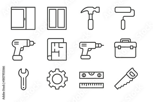 Home Renovation Icons. Home renovation. Solid icon set of home renovation: hammer, paintbrush, wrench, blueprint, saw, level, drill, house, bucket, tape