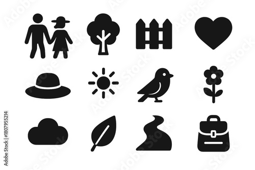 Countryside Walk Icons. Countryside walk. Solid icon set of countryside walk: couple, tree, fence, heart, hat, sun, bird, flower, cloud, leaf, path, bag.