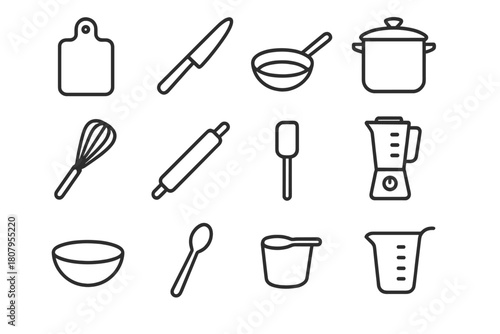 Kitchen Tools Icons. Food preparation. Line icon set of Food preparation: chopping board, knife, frying pan, pot, whisk, rolling pin, spatula, blender, bowl,