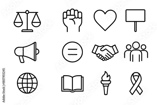 Social Justice Icons. Social justice. Line icon set of social justice: balance scales, raised fist, heart, protest sign, megaphone, equality symbol, handshake,