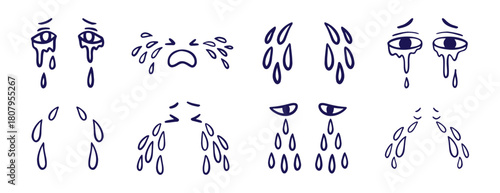 tears drop, eyes and tears doodle hand drawn icon set. Outline drawing line clipart symbol collection
