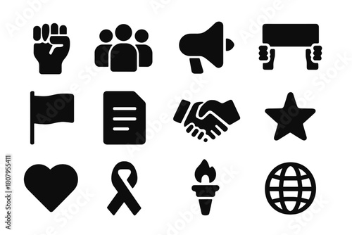 Community Activism Icons. Community activism. Solid icon set of community activism: raised fist, people group, megaphone, banner, flag, document, handshake,