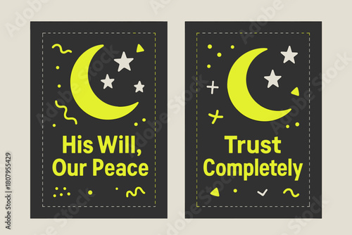 Trust and Peace Banners. Peace in Trust. Two vertical A6 banners with safe margins, centered composition, no elements touching edges, memphis, charcoal and