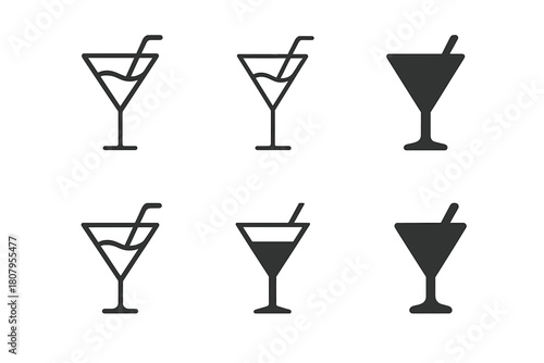 Cocktail Icon Set. Alcoholic Beverages. Icon set. Set Logo of Alcoholic Drinks: cocktail glass with straw. harmonious logo variations of the same emblematic