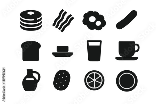 Classic Breakfast Icons. American breakfast. Solid icon set of American breakfast: pancakes, bacon, scrambled eggs, sausage, toast, butter, orange juice,