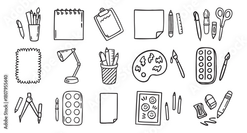 Drawing elements set, papers, paints and brushes, line art kids art, outline contour, monochrome, hand drawn