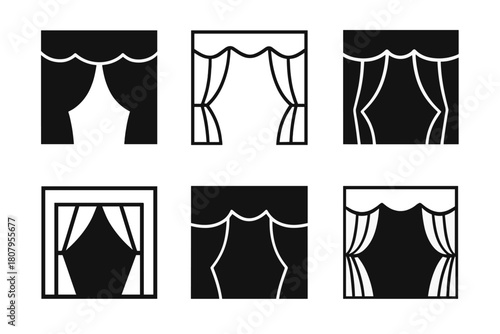 Theater Curtain Logos. Curtains drawn in theater. Icon set. Set Logo of Curtains drawn in theater: Stage ambiance with closed curtains. harmonious logo