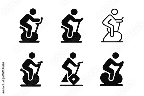 Exercise Bike Logos. exercise bike. Icon set. Set Logo of exercise bike: digital fitness bike with screen. harmonious logo variations of the same emblematic