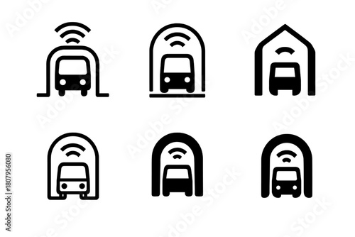Autonomous Transport Logos. autonomous public transport. Icon set. Set Logo of autonomous public transport: sensor-equipped minibus. harmonious logo variations