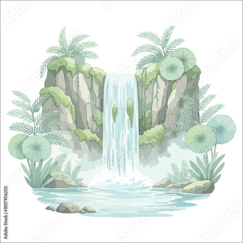Watercolor prehistoric waterfall vector isolated on white background jurassic landscape
