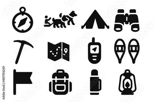 Arctic Exploration Icons. Arctic Exploration. Solid icon set of Arctic Exploration: compass, sled dogs, expedition tent, binoculars, ice axe, map, GPS tracker,