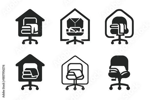 Home Office Style Icons. work-from-home fashion. Icon set. Set Logo of work-from-home fashion: home office chair with folded clothes. harmonious logo