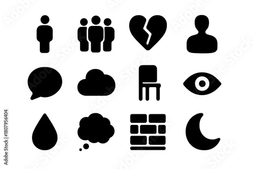 Isolation Icon Set. Isolation in crowd. Solid icon set of isolation in crowd: single person, crowd group, broken heart, shadow figure, speech bubble, cloud,