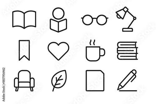 Reading Icon Set. Reading. Line icon set of Reading: open book, person, glasses, lamp, bookmark, heart, coffee mug, stack of books, chair, leaf, page, pen. All