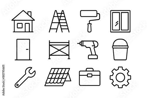Exterior Renovation Icons. Exterior Renovation. Line icon set of Exterior Renovation: house, ladder, paint roller, window, door, scaffold, drill, bucket,