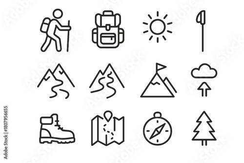 Mountain Hiking Icons. Mountain Hiking. Line icon set of Mountain Hiking: hiker, backpack, walking stick, mountain peak, path, sun, flag, compass, map, boots,