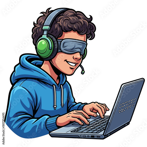 Illustration of a visually impaired user with headphones smiling while using a laptop with a braille keyboard, symbolizing accessibility and digital inclusion