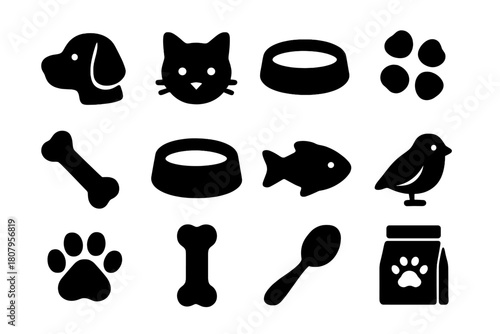 Pet Feeding Icons. Feeding routine. Solid icon set of Feeding routine: cat, dog, kibble, bone, food bowl, water bowl, fish, bird, treat, paw print, spoon, pet