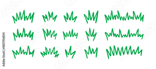 Grass silhouette Hand drawn doodle set. Lawn bush of green line grass in sketch drawing style. 
